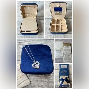 925 Sterling Silver Heart Necklace, travel jewelry box 18 in chain Diamond stone